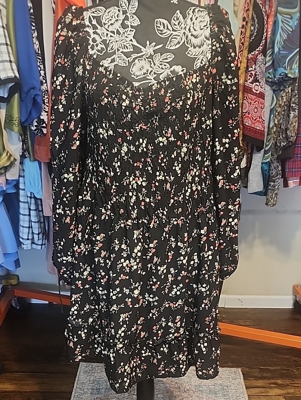 J for Justify Black Floral Smocked Long Sleeve Dress